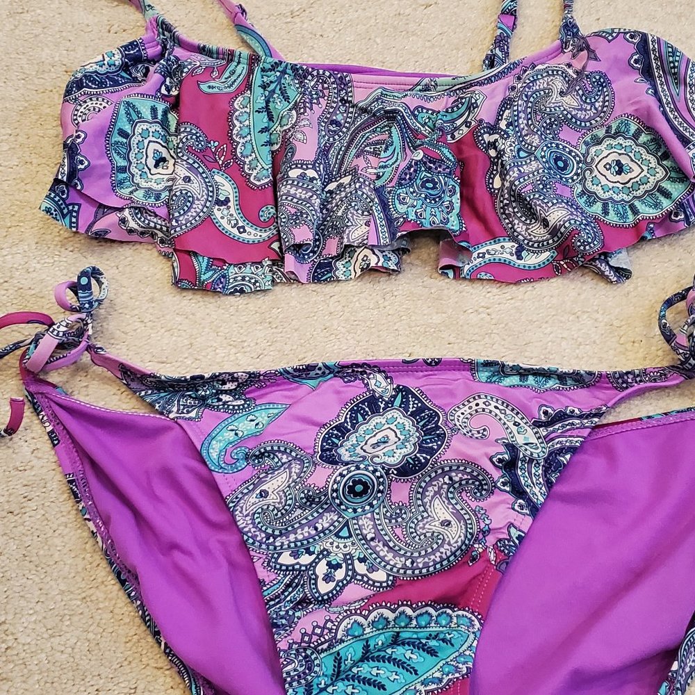 Old navy paisley pink purple bikini set ruffled bralet and strappy bottoms Large